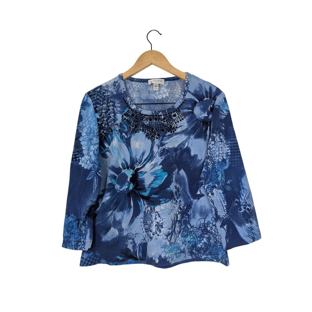 St. John Sport Floral Print Rhinestone Detail Neckline Shirt